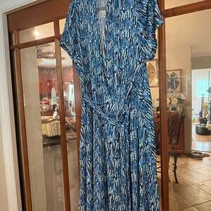 Blue Abstract Print Maxi Wrap Dress with Tie Waist